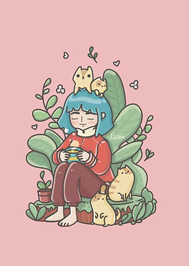 Girl with Cats and Tea