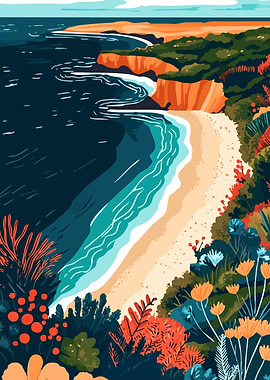 California Coastal Landscape Illustration Art