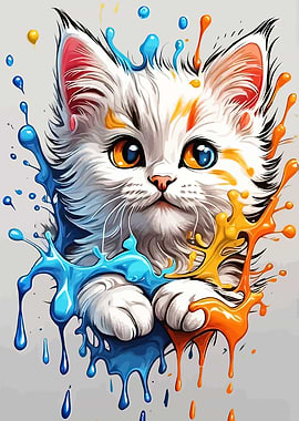Cute Kitten in Paint Splatter