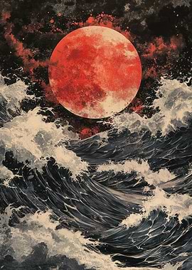 Blood Moon Over Waves