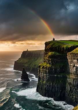 Ireland Cliffs of Moher Ireland with dark Sky and a Rainbow