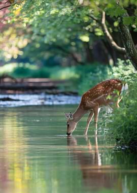 Deer Drinking from Stream