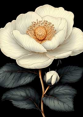 White Rose with Gold Stem Japanese Landscape