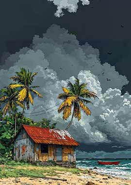 Tropical Hut Under Storm Clouds