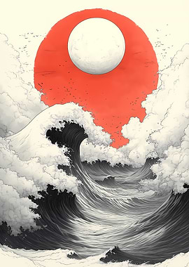 Giant Wave and Red Sun Japanese Landscape