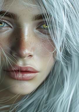 Mystical close-up portrait of a woman with silver hair, glowing eyes