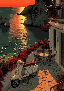 Sunset Amalfi Coast with Scooter