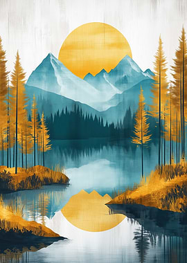 Golden Sunset Mountain Lake