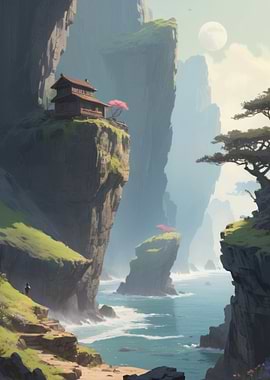 Anime Lo-Fi Landscape of Secluded Mountaintop House