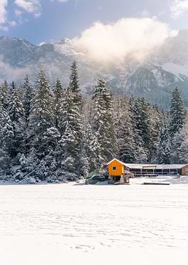 Orange Boat House on Ice