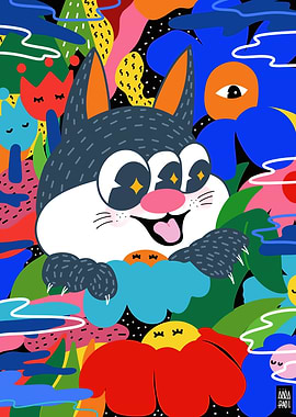 Smiling Cat in Flower Garden