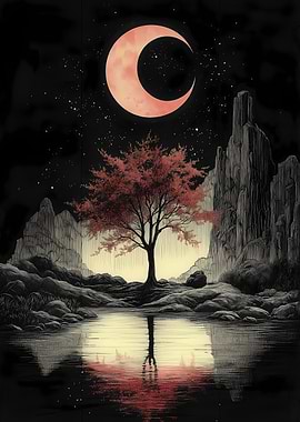 Night Sky with Red Moon Japanese Landscape