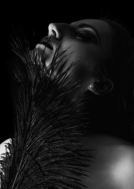 Black and White Portrait with Feathers