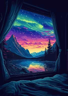 Retro Pixel Art Aurora Mountain Lake Camping View