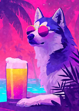 80s Retro Cool Husky with Beer