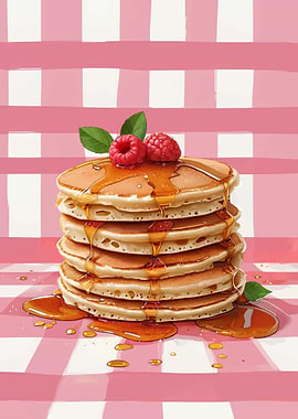 Pancakes with Syrup and Raspberries