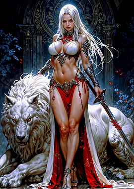Warrior Anime Sexy Woman and Lion