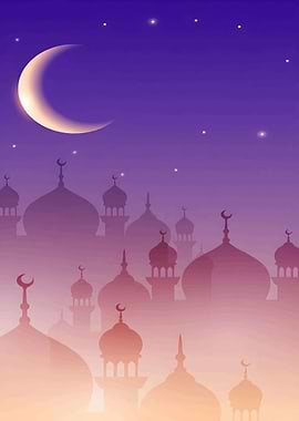 Mosque Silhouettes Under Crescent Moon