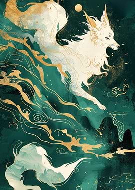 White Kitsune Fox in Green Mist