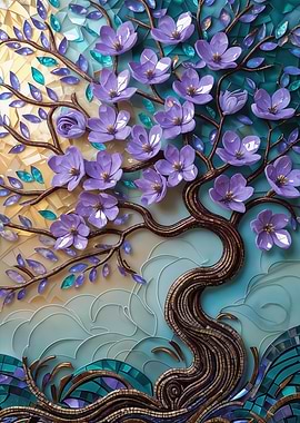 Mosaic Tree with Purple Flowers