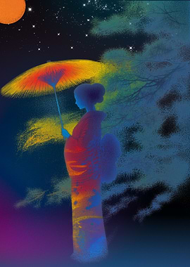 Japanese Art Geisha Under the Moon – Elegant Night Scene