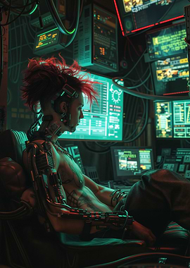 Cyberpunk Cyborg in a Tech Room