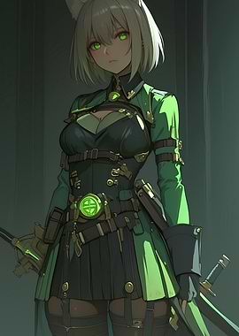 Green-Eyed Anime Girl Warrior Gaming