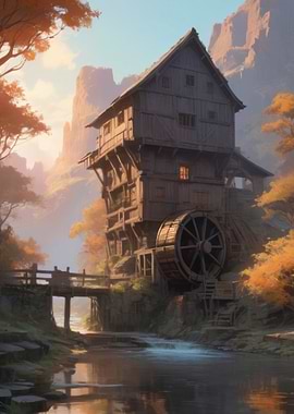 Anime Lo-Fi Landscape of Watermill in Autumn