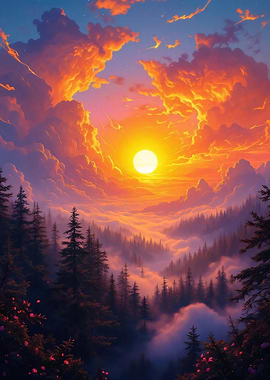 Sunset Over Misty Forest