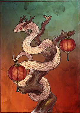 Year of the Snake - Snake with Antlers and Lanterns