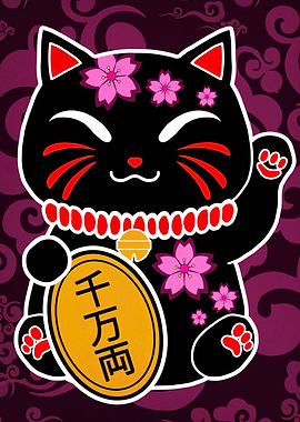 Black Maneki-Neko with Cherry Blossoms