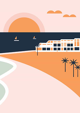 Retro Coastal Sunset in Pastels