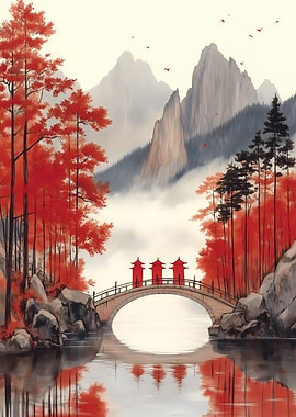 Red Bridge in Misty Mountains