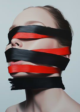 Woman's Face with Red and Black Ribbons