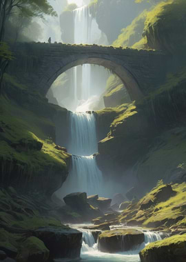 Anime Lo-Fi Landscape of Stone Bridge Waterfall