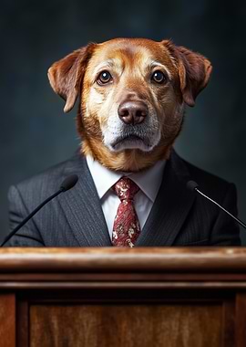 Dog in Suit at Podium