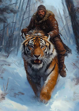 Man Riding Tiger in Snow