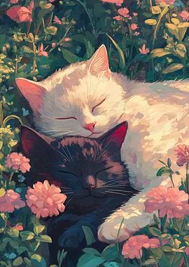 Sleeping Cats in Flowers