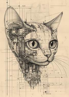 Cybernetic Cat Portrait Blueprint Cyborg