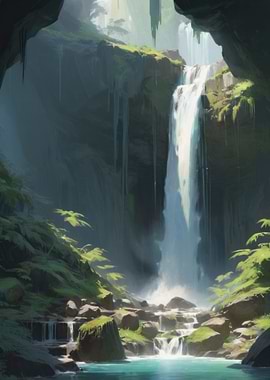 Anime Lo-Fi Landscape of Waterfall in Lush Forest