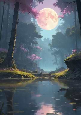 Anime Lo-Fi Landscape of Enchanted Forest Moon