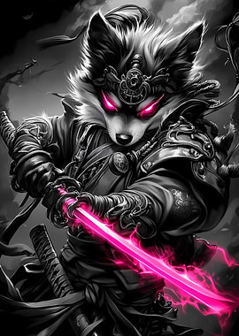 Pomeranian Dog Samurai with Pink Sword