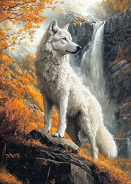 White Wolf by Waterfall