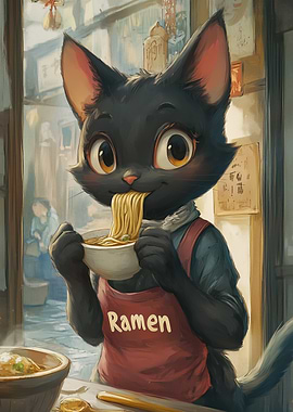Black Cat Eating Ramen