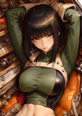 Anime Girl in Green Outfit Gaming