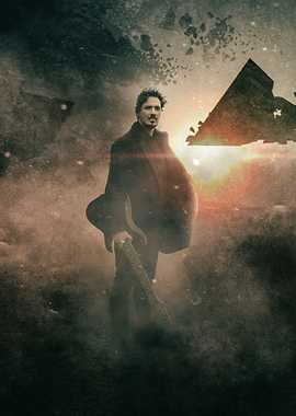 Man with Guitar in Dusty Landscape