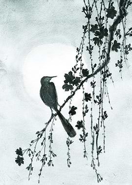 Bird on Branch with Moon