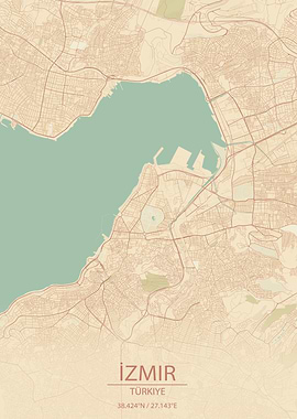 Izmir Türkiye Vintage Style City Map