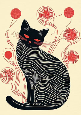 Black Cat with Red Flowers