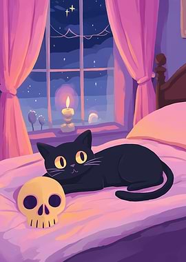 Black Cat on Bed with Skull